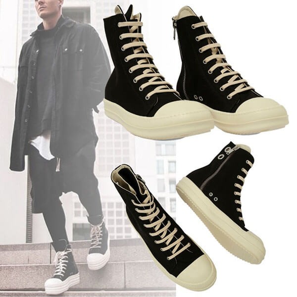 リックオウエンス 偽物 DRKSHDW デニム スニーカー ハイカット OVERDYED DENIM EYELETS SNEAKERS