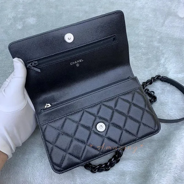 希少♪オシャレなオールブラックシャネル チェーンウォレット パチモン cc11266